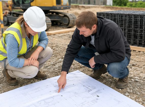 Zwei Personen in Arbeitskleidung und Schutzhelm bücken sich auf einer Baustelle über einen großen Bauplan auf dem Boden