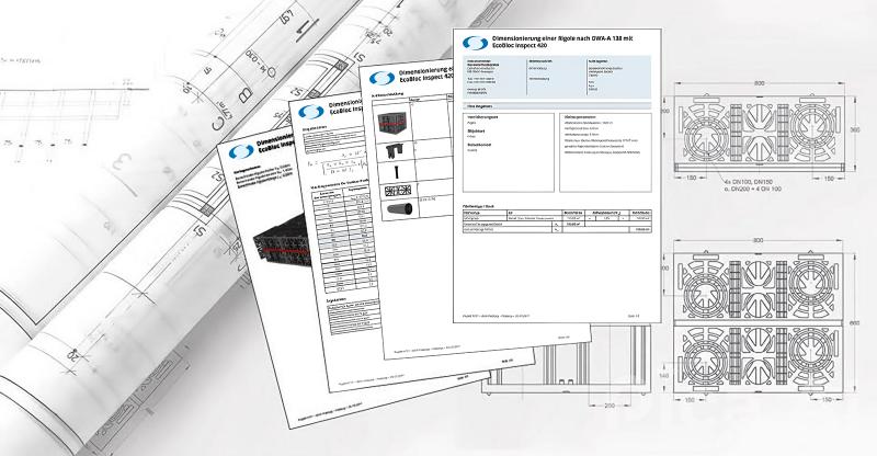 Schütter Pläne und Berechnungsunterlagen mit Tabellen, die technische Details und Kalkulationen zur Versickerungsberechnung darstellen
